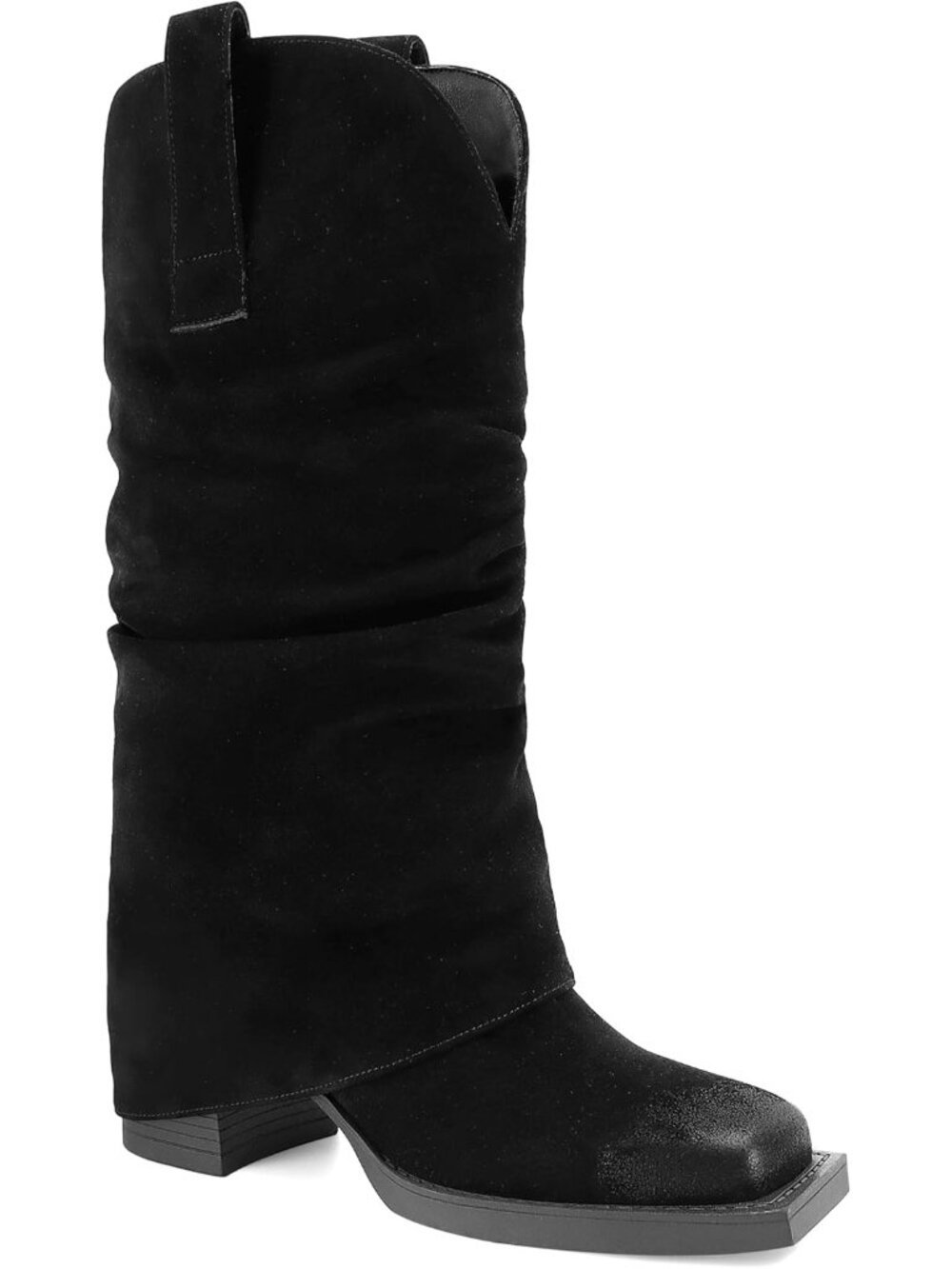 Women's Black Suede Fold over Boots Square Toe Chunky Block Heel Mid Calf Boots